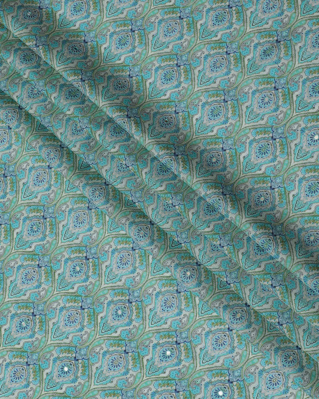 Aqua Blue and Green Paisley Viscose Crepe Printed Fabric - 110 cm Wide-D20008