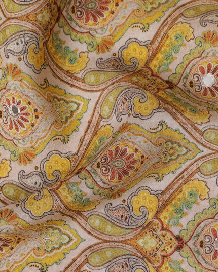 Yellow and Green Paisley Viscose Crepe Printed Fabric - 110 cm Wide-D20009