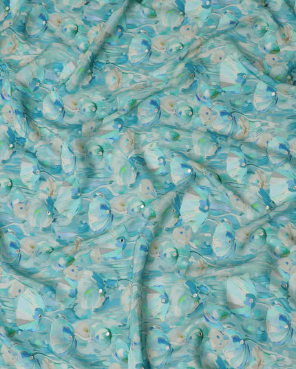 Aqua Blue and White Floral Viscose Crepe Printed Fabric - 110 cm Wide-D20011