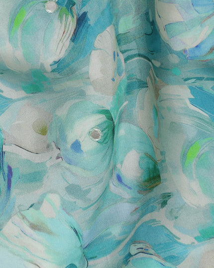 Aqua Blue and White Floral Viscose Crepe Printed Fabric - 110 cm Wide-D20011