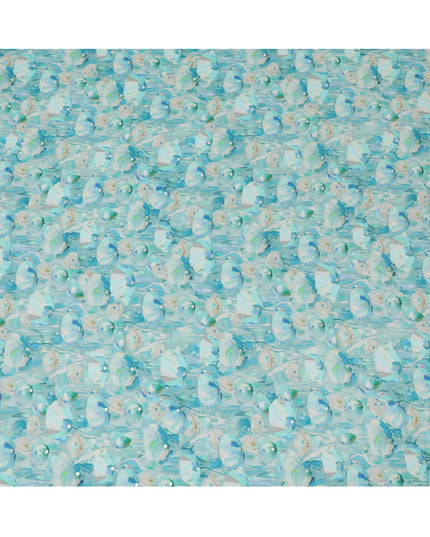 Aqua Blue and White Floral Viscose Crepe Printed Fabric - 110 cm Wide-D20011