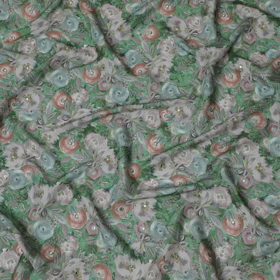 Green and Grey Floral Viscose Crepe Printed Fabric - 110 cm Wide-D20014