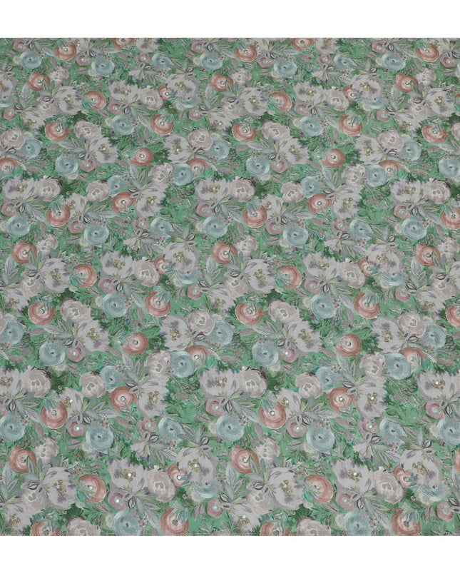 Green and Grey Floral Viscose Crepe Printed Fabric - 110 cm Wide-D20014