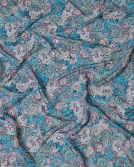 Teal and Grey Floral Viscose Crepe Printed Fabric - 110 cm Wide-D20015