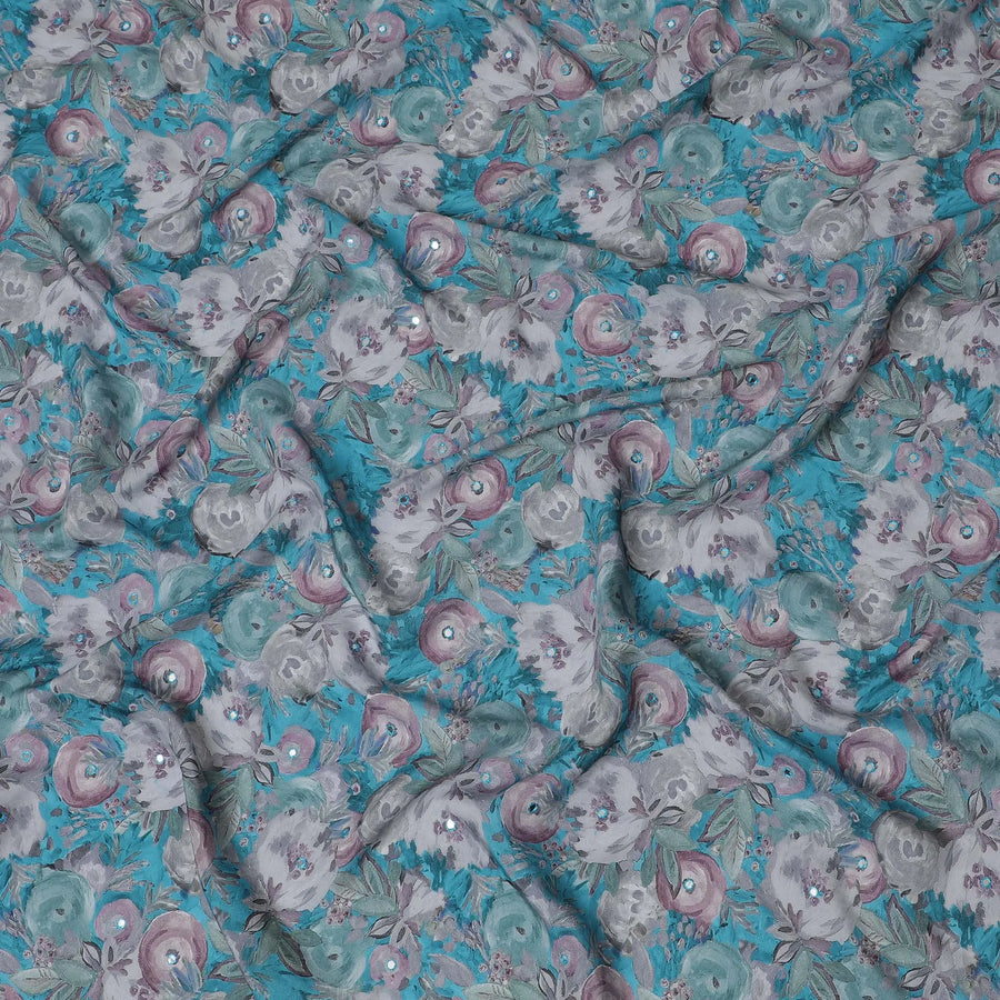 Teal and Grey Floral Viscose Crepe Printed Fabric - 110 cm Wide-D20015 Regal Fabrics