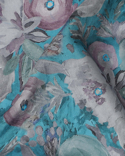 Teal and Grey Floral Viscose Crepe Printed Fabric - 110 cm Wide-D20015