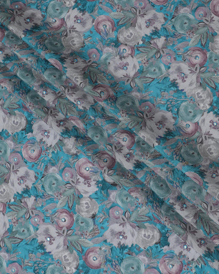 Teal and Grey Floral Viscose Crepe Printed Fabric - 110 cm Wide-D20015