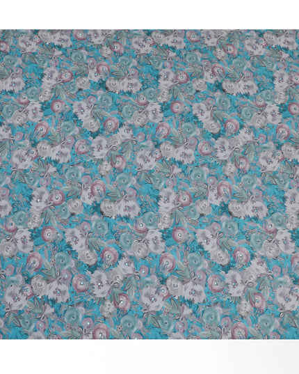 Teal and Grey Floral Viscose Crepe Printed Fabric - 110 cm Wide-D20015