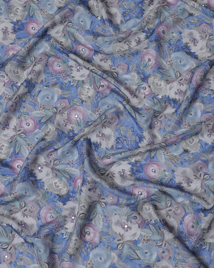 Lavender and Grey Floral Viscose Crepe Printed Fabric - 110 cm Wide-D20016