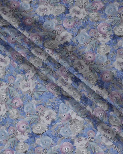 Lavender and Grey Floral Viscose Crepe Printed Fabric - 110 cm Wide-D20016