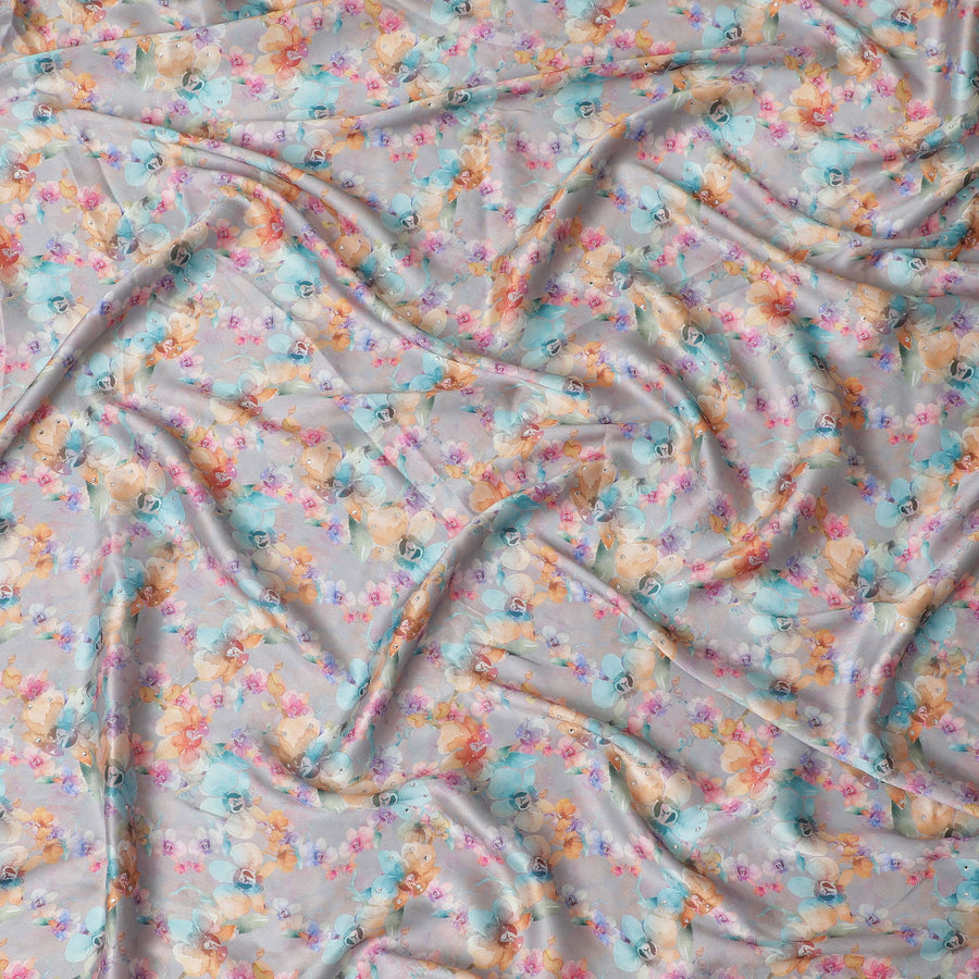 Synthetic Modal Satin Fabric with Stone Work, Pastel Floral Design, Light Grey, 110 cm Width-20030
