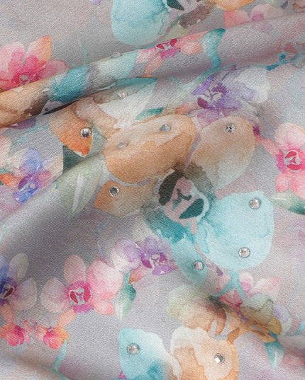 Synthetic Modal Satin Fabric with Stone Work, Pastel Floral Design, Light Grey, 110 cm Width-20030