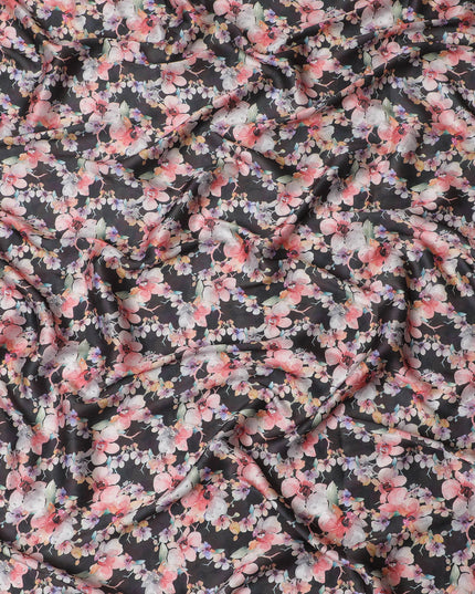 Synthetic Modal Satin Fabric with Stone Work, Vibrant Floral Design, Black, 110 cm Width-20031