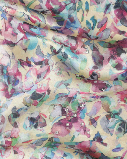 Synthetic Modal Satin Fabric with Stone Work, Pastel Abstract Floral Design, Cream, 110 cm Width-20032