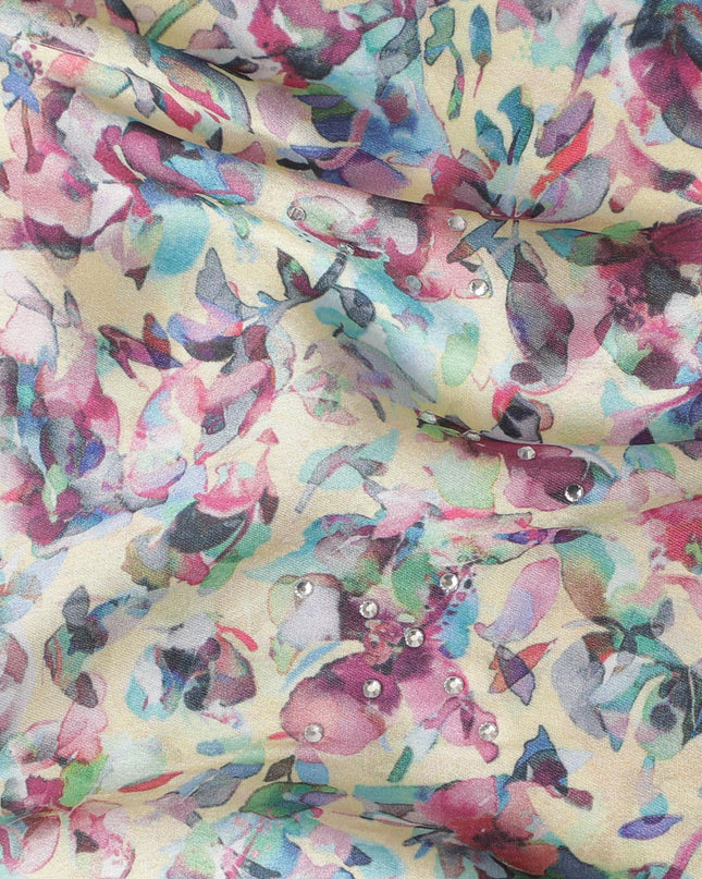 Synthetic Modal Satin Fabric with Stone Work, Pastel Abstract Floral Design, Cream, 110 cm Width-20032