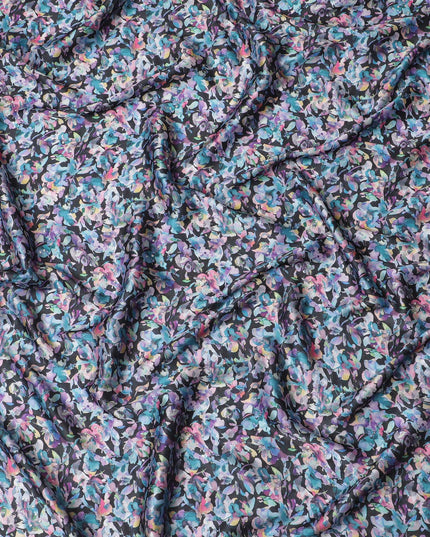 Synthetic Modal Satin Fabric with Stone Work, Vibrant Abstract Floral Design, Black, 110 cm Width-20034