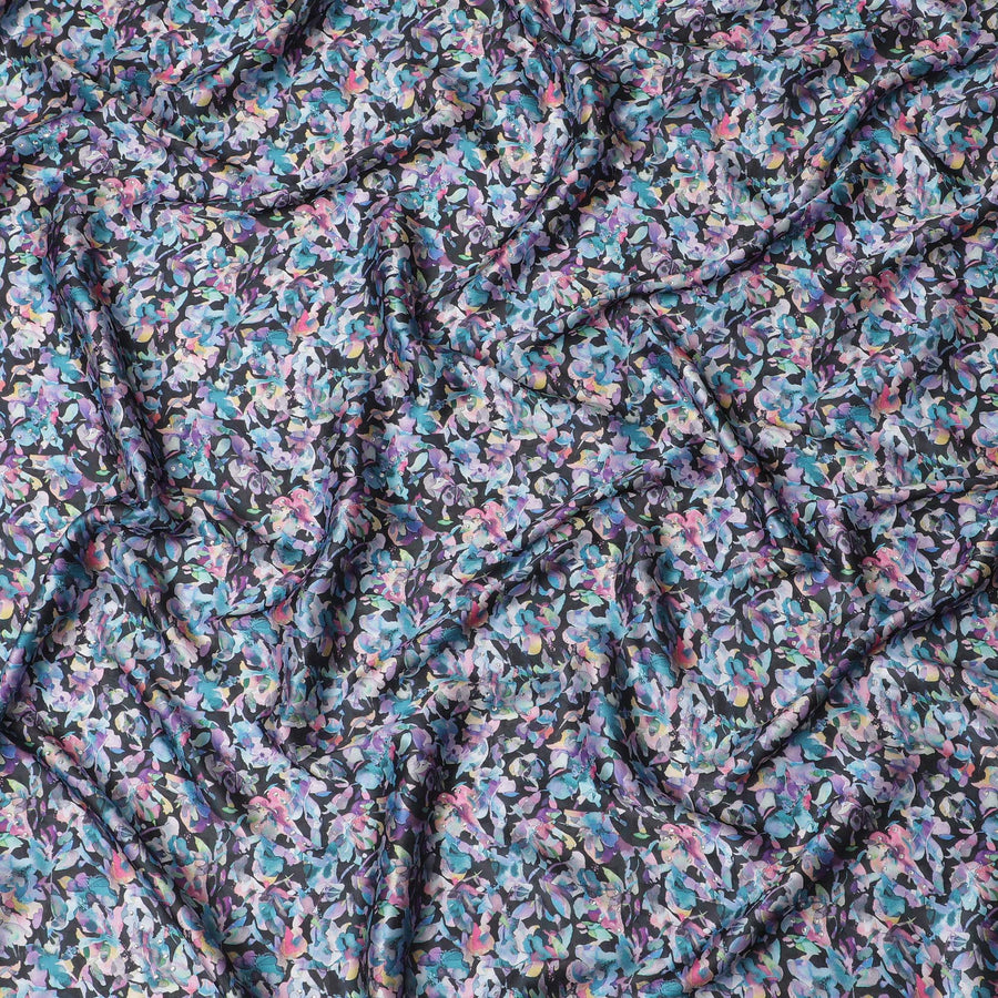 Synthetic Modal Satin Fabric with Stone Work, Vibrant Abstract Floral Design, Black, 110 cm Width-20034