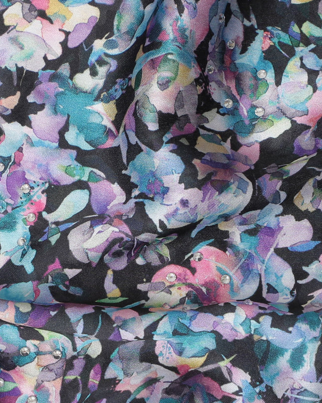 Synthetic Modal Satin Fabric with Stone Work, Vibrant Abstract Floral Design, Black, 110 cm Width-20034