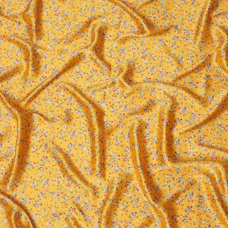 قماش ساتان مودال صناعي مع زخارف حجرية، تصميم زهور، أصفر خردل، عرض 110 سم - 20036