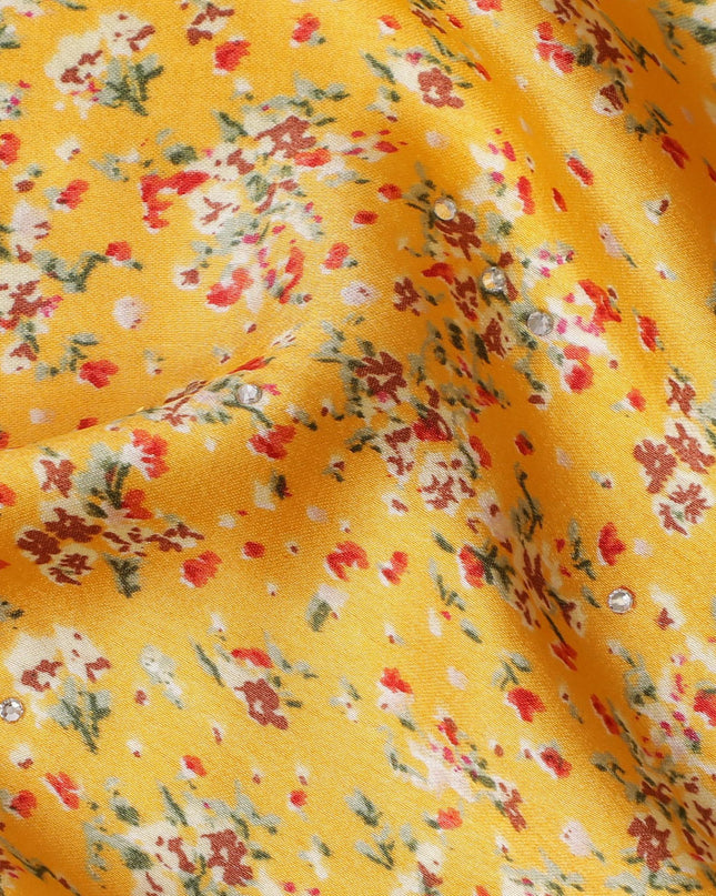 Synthetic Modal Satin Fabric with Stone Work, Floral Design, Mustard Yellow, 110 cm Width-20036