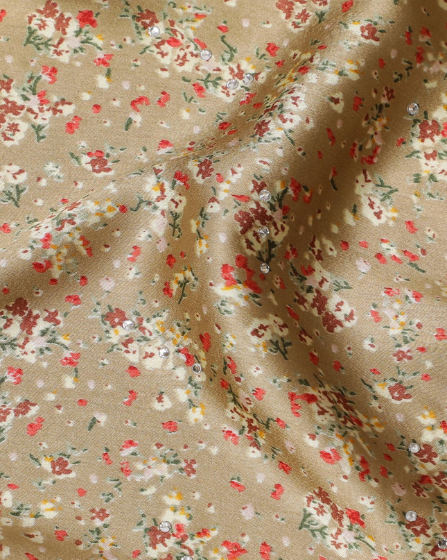 Elegant Synthetic Modal Satin Fabric with Stone Work, Beige Floral Print, 110 cm Width-20037