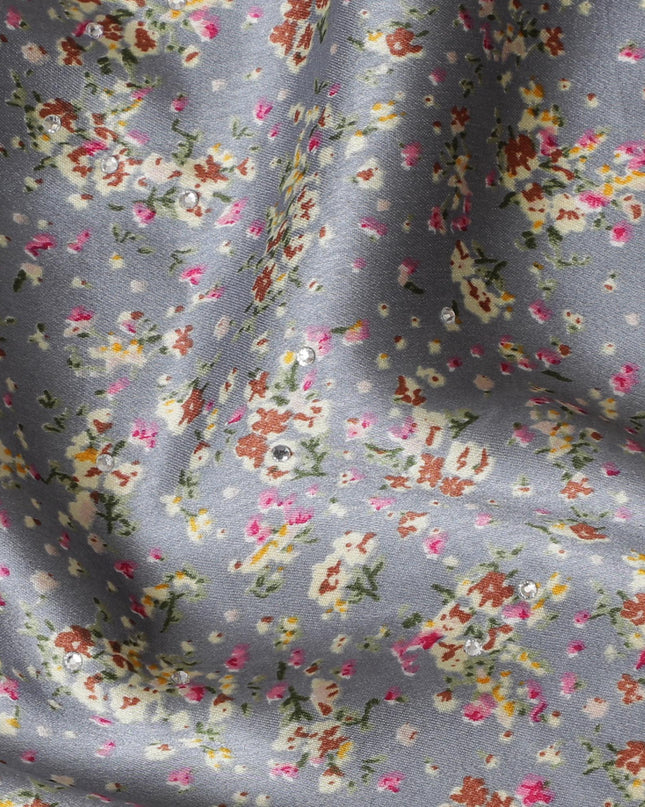 Graceful Grey Synthetic Modal Satin Fabric with Floral Print and Stone Work, 110 cm Width-20038