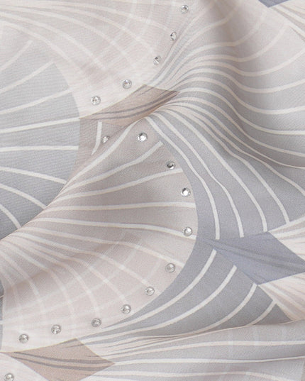 Elegant Cream and Grey Synthetic Modal Satin Fabric with Abstract Design and Stone Work, 110 cm Width-20040