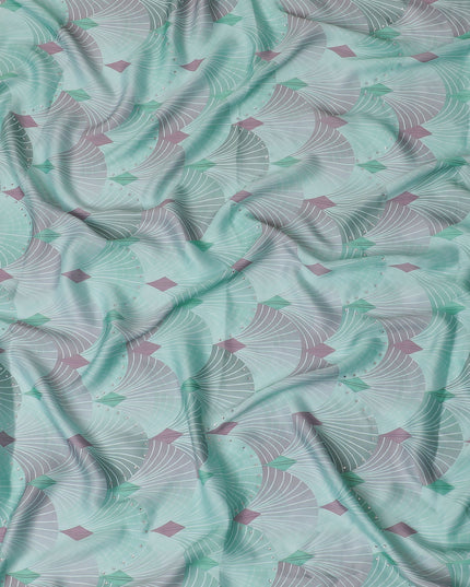 Chic Mint Green and Grey Synthetic Modal Satin Fabric with Abstract Design and Stone Work, 110 cm Width-20041