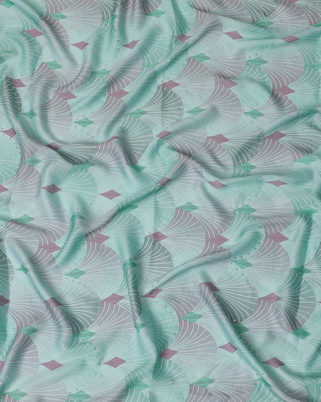 Chic Mint Green and Grey Synthetic Modal Satin Fabric with Abstract Design and Stone Work, 110 cm Width-20041