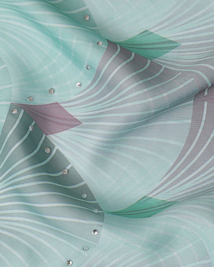 Chic Mint Green and Grey Synthetic Modal Satin Fabric with Abstract Design and Stone Work, 110 cm Width-20041