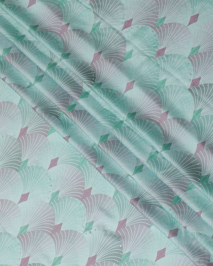 Chic Mint Green and Grey Synthetic Modal Satin Fabric with Abstract Design and Stone Work, 110 cm Width-20041