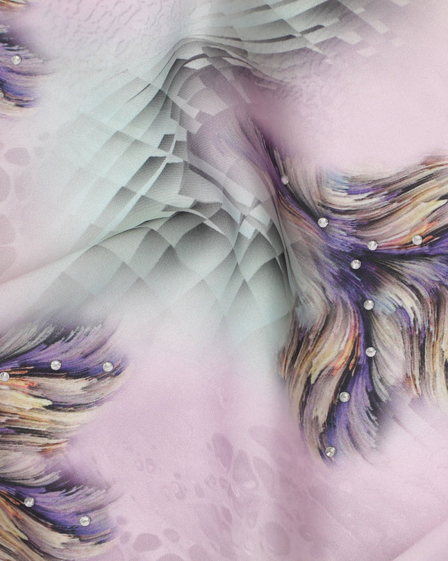 Stunning Lilac Synthetic Modal Satin Fabric with Abstract Design and Stone Work, 110 cm Width-20045