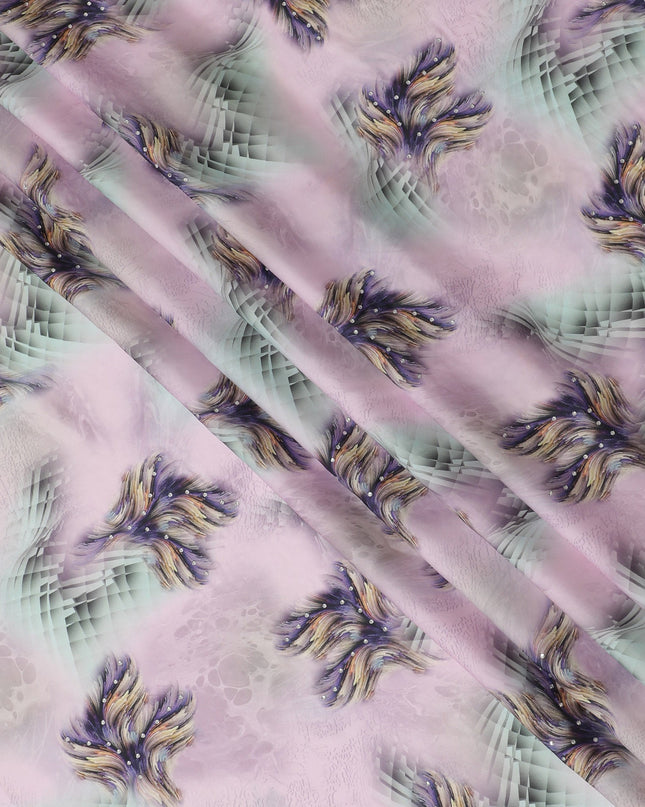 Stunning Lilac Synthetic Modal Satin Fabric with Abstract Design and Stone Work, 110 cm Width-20045