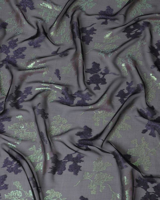 Black Silk Chiffon Fabric with Purple Lurex Floral Design, 110 cm Width - Imported from South Korea-D20232