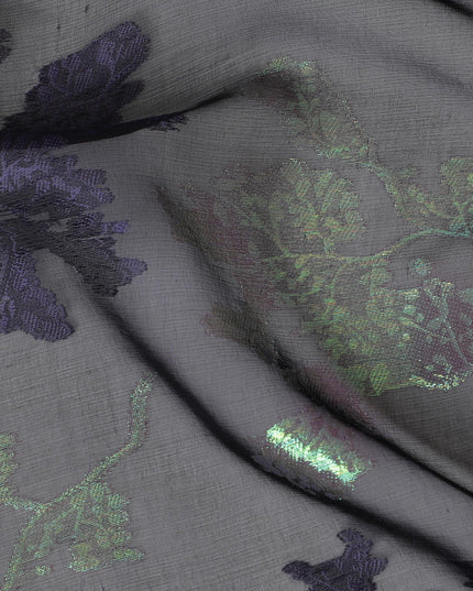 Black Silk Chiffon Fabric with Purple Lurex Floral Design, 110 cm Width - Imported from South Korea-D20232