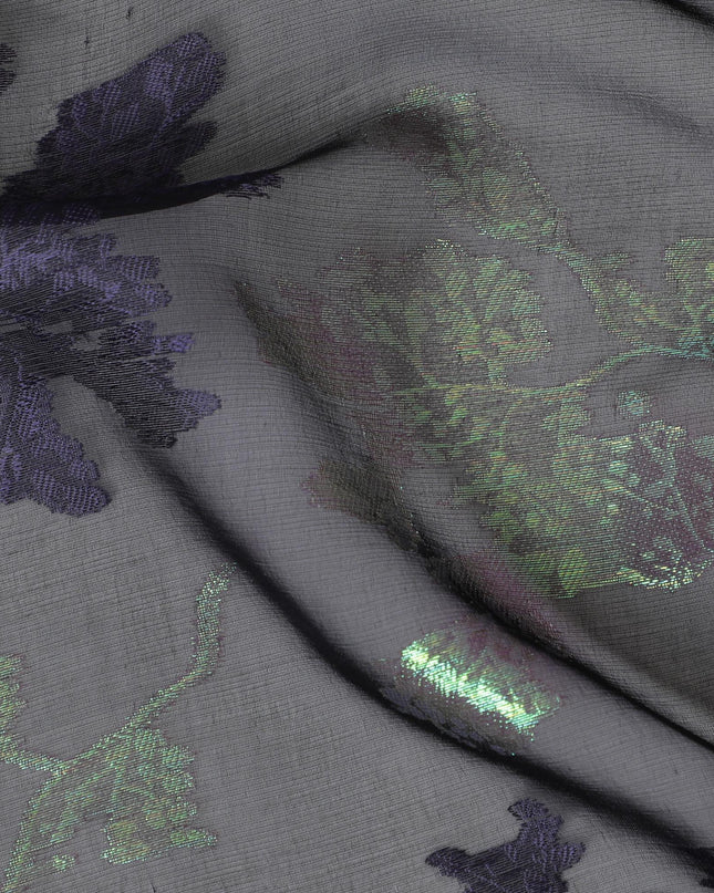 Black Silk Chiffon Fabric with Purple Lurex Floral Design, 110 cm Width - Imported from South Korea-D20232