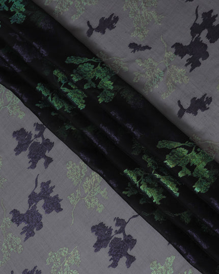 Black Silk Chiffon Fabric with Purple Lurex Floral Design, 110 cm Width - Imported from South Korea-D20232