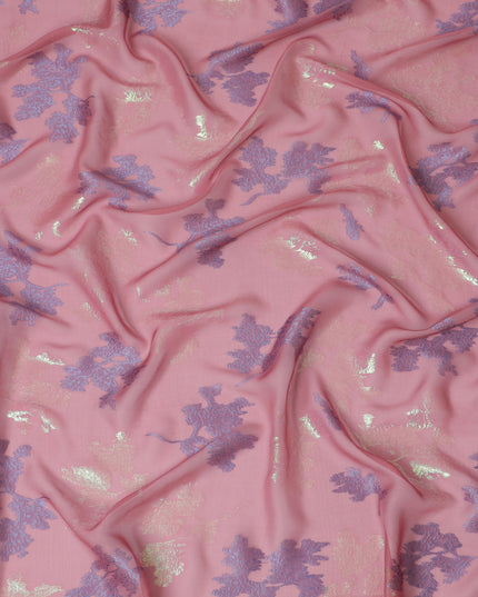 Soft Pink Silk Chiffon Fabric with Blue Lurex Floral Patterns, 110 cm Width - Imported from South Korea-D20233