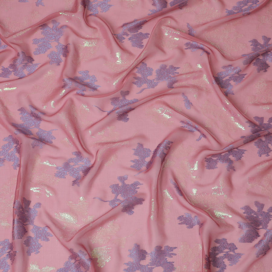 Soft Pink Silk Chiffon Fabric with Blue Lurex Floral Patterns, 110 cm Width - Imported from South Korea-D20233