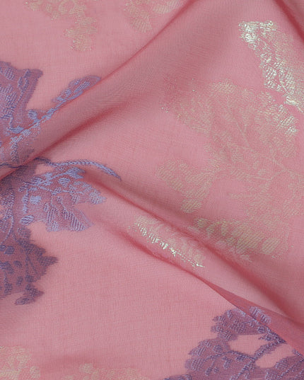 Soft Pink Silk Chiffon Fabric with Blue Lurex Floral Patterns, 110 cm Width - Imported from South Korea-D20233