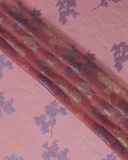 Soft Pink Silk Chiffon Fabric with Blue Lurex Floral Patterns, 110 cm Width - Imported from South Korea-D20233