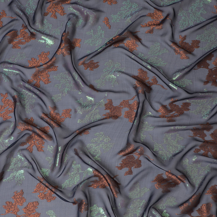 قماش شيفون حرير أزرق داكن مع أوراق لوركس نحاسية وخضراء، عرض 110 سم - مستورد من كوريا الجنوبية - D20234