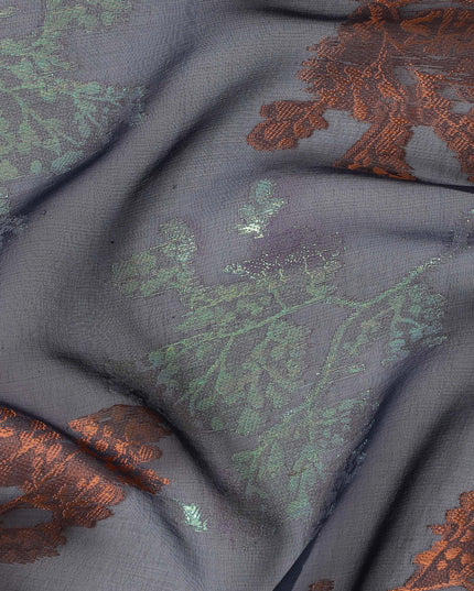 Navy Blue Silk Chiffon Fabric with Copper and Green Lurex Leaves, 110 cm Width - Imported from South Korea-D20234