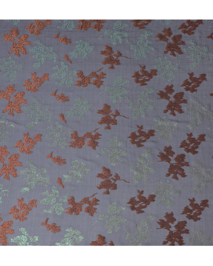 Navy Blue Silk Chiffon Fabric with Copper and Green Lurex Leaves, 110 cm Width - Imported from South Korea-D20234