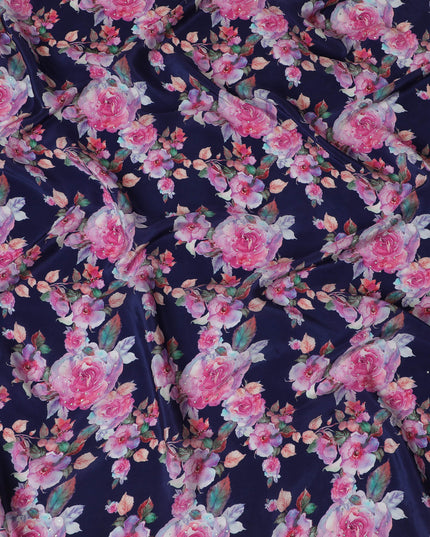 Navy Blue Crepe Fabric with Pink Floral Print and Stone Embellishments, 110 cm Width - Imported from India-D20248