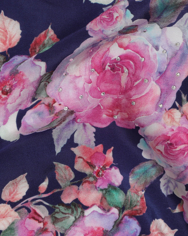 Navy Blue Crepe Fabric with Pink Floral Print and Stone Embellishments, 110 cm Width - Imported from India-D20248