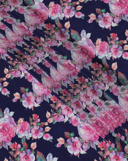 Navy Blue Crepe Fabric with Pink Floral Print and Stone Embellishments, 110 cm Width - Imported from India-D20248