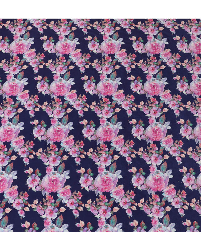 Navy Blue Crepe Fabric with Pink Floral Print and Stone Embellishments, 110 cm Width - Imported from India-D20248