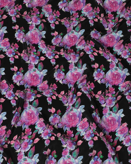 Midnight Black Crepe Fabric with Vivid Pink Rose Prints and Stone Embellishments, 110 cm Width - Imported from India-D20249