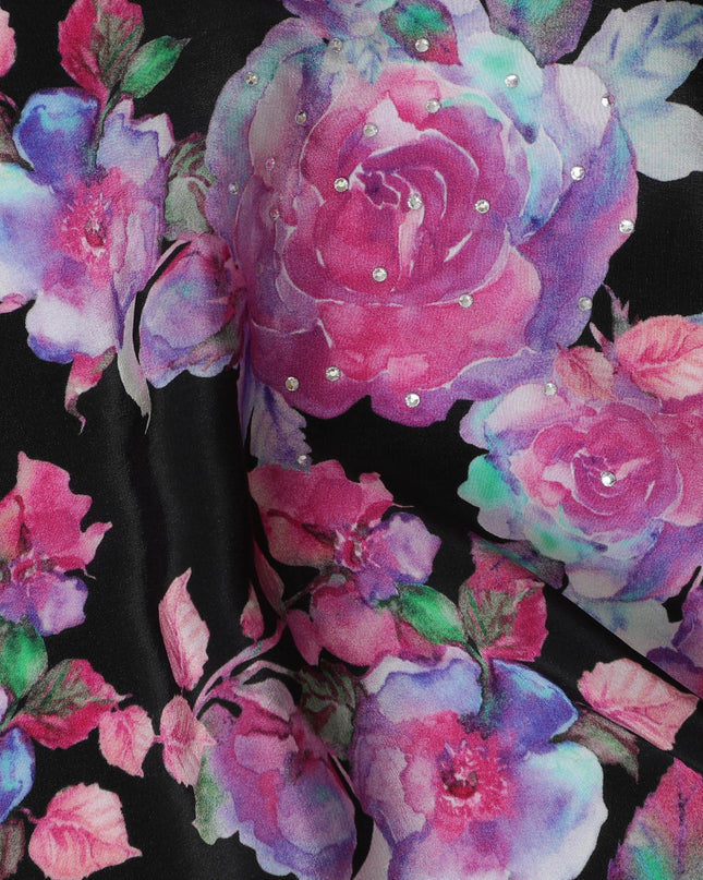 Midnight Black Crepe Fabric with Vivid Pink Rose Prints and Stone Embellishments, 110 cm Width - Imported from India-D20249